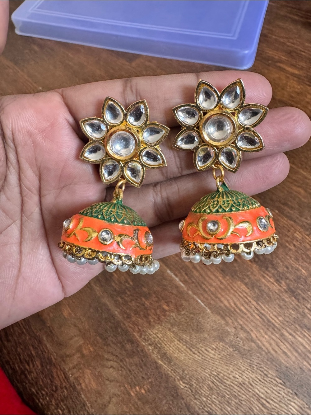 Gold-Tone Orange & Green Kundan Jhumka Earrings